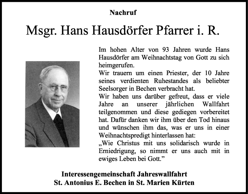  Traueranzeige für Hans Hausdörfer vom 02.01.2016 aus Kölner Stadt-Anzeiger / Kölnische Rundschau / Express