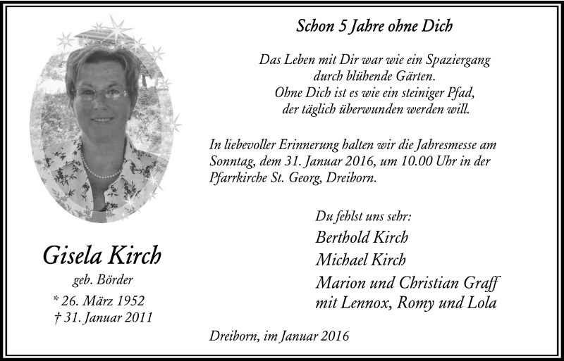 Traueranzeige für Gisela Kirch vom 23.01.2016 aus Kölner Stadt-Anzeiger / Kölnische Rundschau / Express