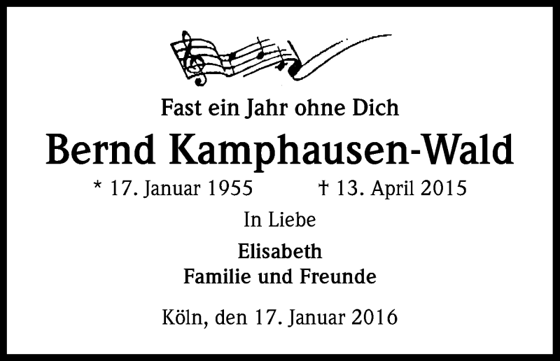  Traueranzeige für Bernd Kamphausen-Wald vom 16.01.2016 aus Kölner Stadt-Anzeiger / Kölnische Rundschau / Express