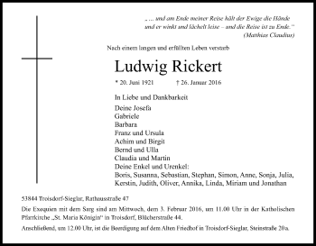 Anzeige von Ludwig Ricken von Kölner Stadt-Anzeiger / Kölnische Rundschau / Express