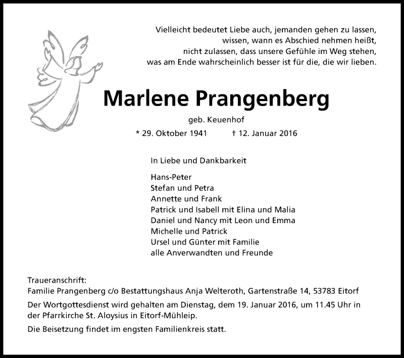  Traueranzeige für Marlene Prangenberg vom 16.01.2016 aus Kölner Stadt-Anzeiger / Kölnische Rundschau / Express