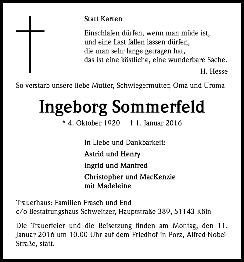  Traueranzeige für Ingeborg Sommerfeld vom 07.01.2016 aus Kölner Stadt-Anzeiger / Kölnische Rundschau / Express