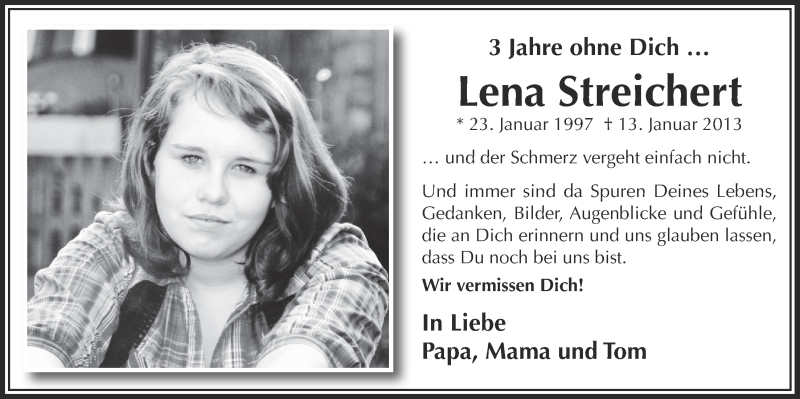  Traueranzeige für Lena Streichert vom 13.01.2016 aus  Lokale Informationen 