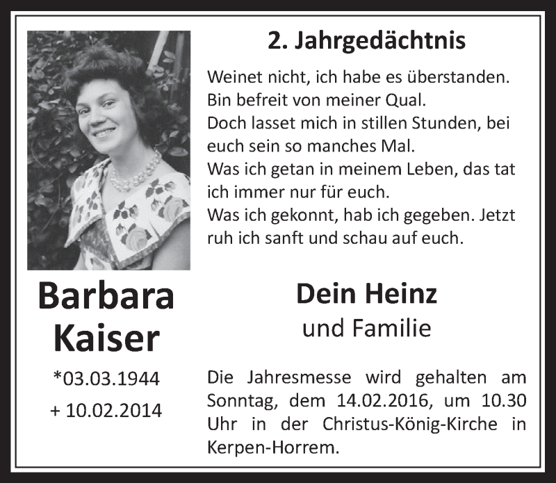  Traueranzeige für Barbara Kaiser vom 30.01.2016 aus  Sonntags-Post 