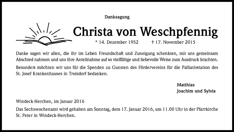  Traueranzeige für Christa von Weschpfennig vom 02.01.2016 aus Kölner Stadt-Anzeiger / Kölnische Rundschau / Express