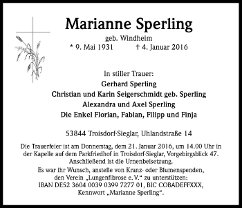 Anzeige von Marianne Sperling von Kölner Stadt-Anzeiger / Kölnische Rundschau / Express