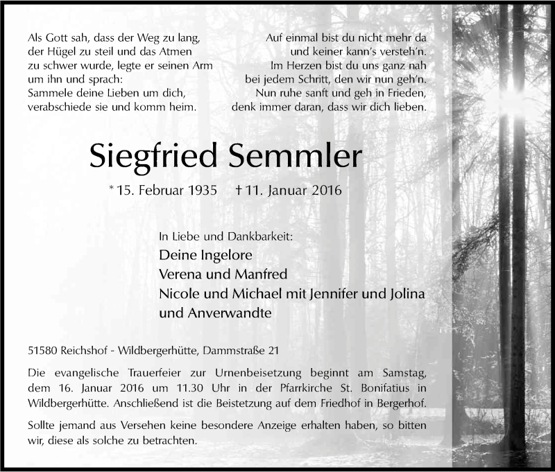  Traueranzeige für Siegfried Semmler vom 14.01.2016 aus Kölner Stadt-Anzeiger / Kölnische Rundschau / Express