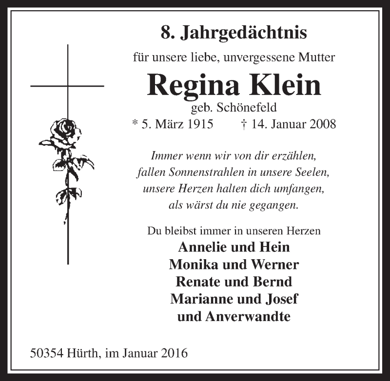  Traueranzeige für Regina Klein vom 13.01.2016 aus  Wochenende 