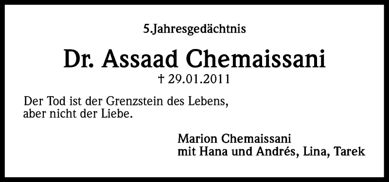  Traueranzeige für Assaad Chemaissani vom 29.01.2016 aus Kölner Stadt-Anzeiger / Kölnische Rundschau / Express