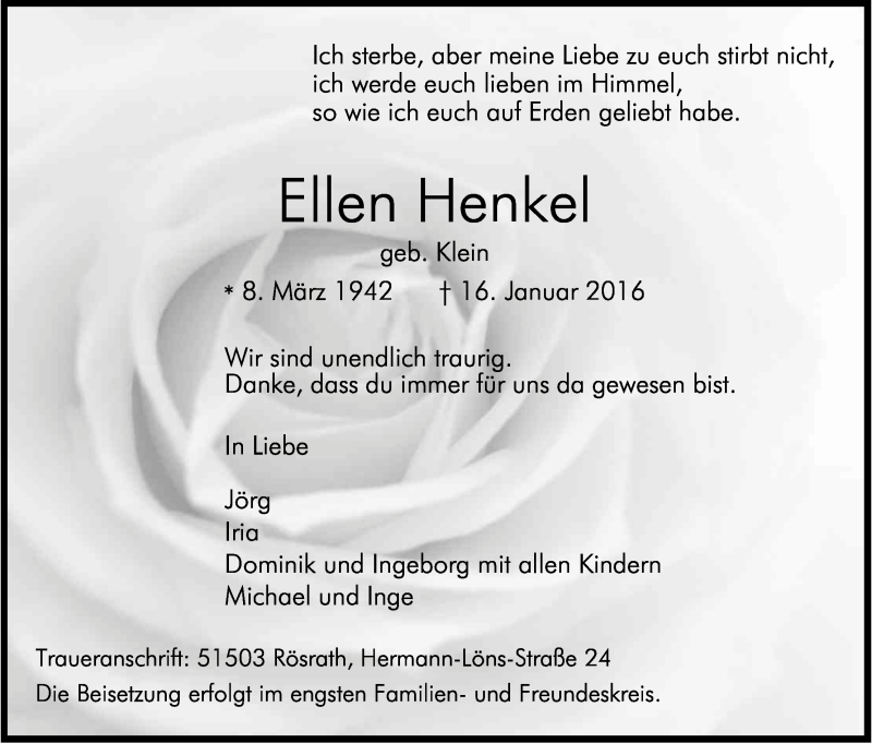  Traueranzeige für Ellen Henkel vom 22.01.2016 aus Kölner Stadt-Anzeiger / Kölnische Rundschau / Express