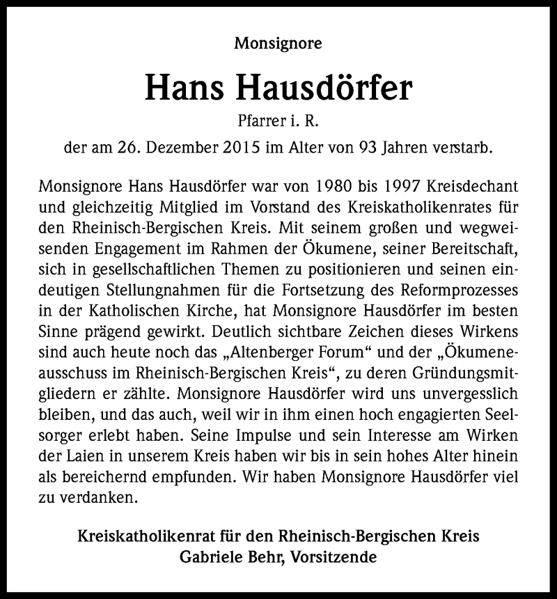  Traueranzeige für Hans Hausdörfer vom 02.01.2016 aus Kölner Stadt-Anzeiger / Kölnische Rundschau / Express