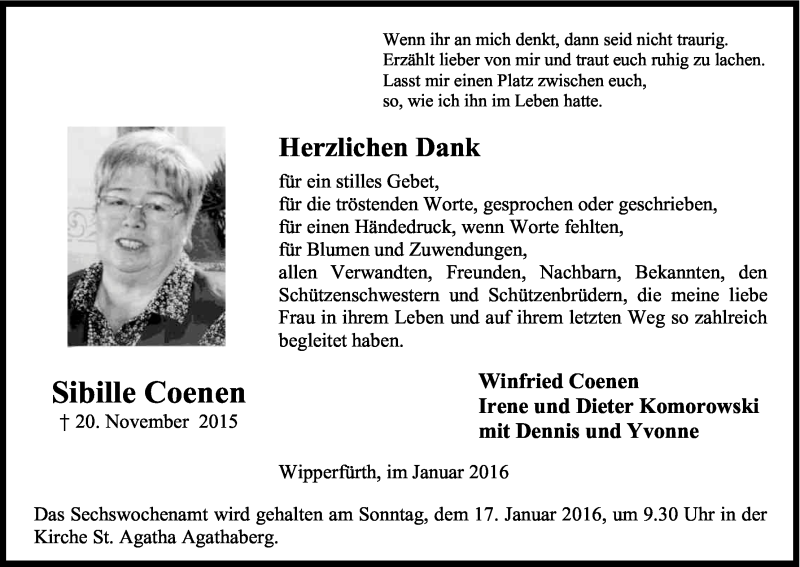  Traueranzeige für Sibille Coenen vom 09.01.2016 aus Kölner Stadt-Anzeiger / Kölnische Rundschau / Express