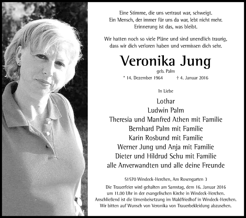  Traueranzeige für Veronika Jung vom 09.01.2016 aus Kölner Stadt-Anzeiger / Kölnische Rundschau / Express