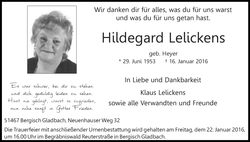  Traueranzeige für Hildegard Lelickens vom 19.01.2016 aus Kölner Stadt-Anzeiger / Kölnische Rundschau / Express