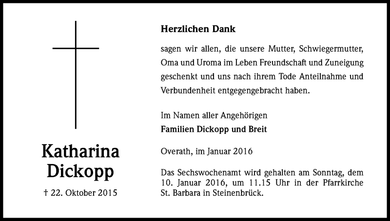  Traueranzeige für Katharina Dickopp vom 02.01.2016 aus Kölner Stadt-Anzeiger / Kölnische Rundschau / Express