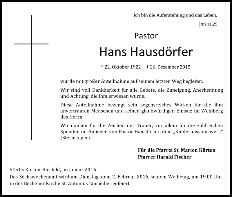  Traueranzeige für Hans Hausdörfer vom 23.01.2016 aus Kölner Stadt-Anzeiger / Kölnische Rundschau / Express