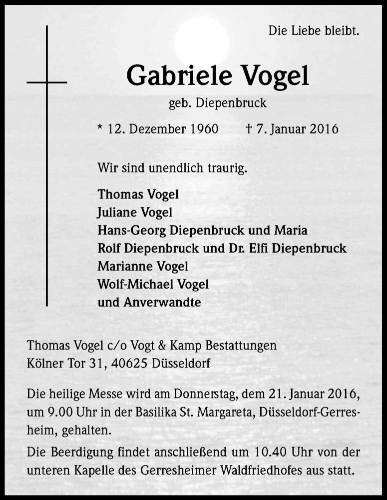  Traueranzeige für Gabriele Vogel vom 16.01.2016 aus Kölner Stadt-Anzeiger / Kölnische Rundschau / Express
