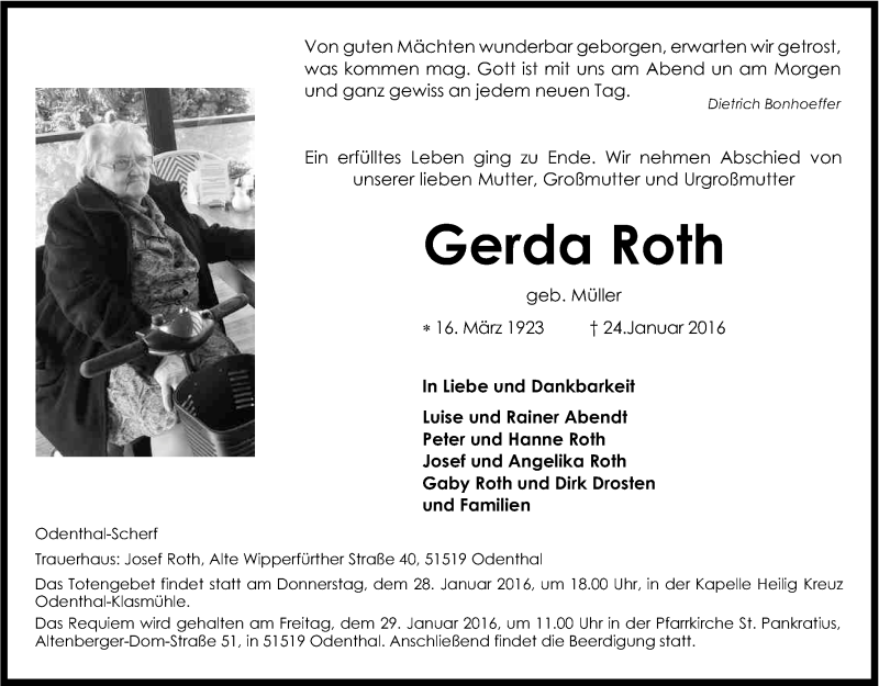  Traueranzeige für Gerda Roth vom 27.01.2016 aus Kölner Stadt-Anzeiger / Kölnische Rundschau / Express