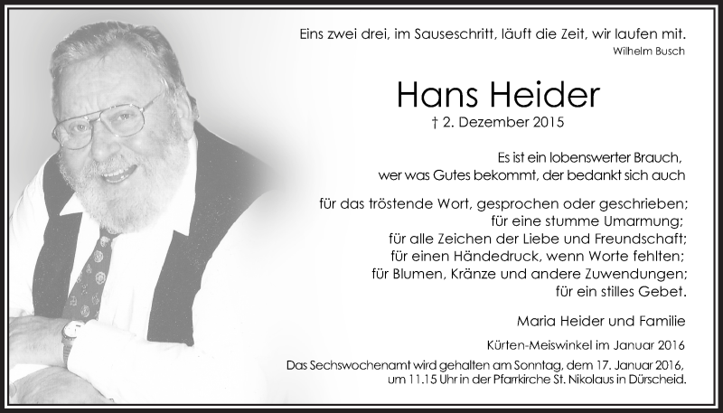  Traueranzeige für Hans Heider vom 13.01.2016 aus  Bergisches Handelsblatt 