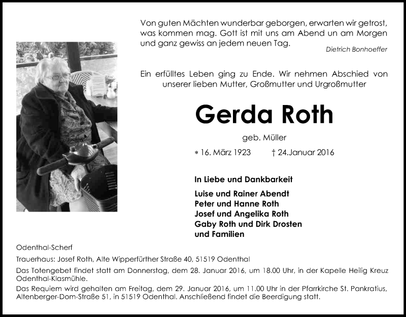  Traueranzeige für Gerda Roth vom 27.01.2016 aus Kölner Stadt-Anzeiger / Kölnische Rundschau / Express