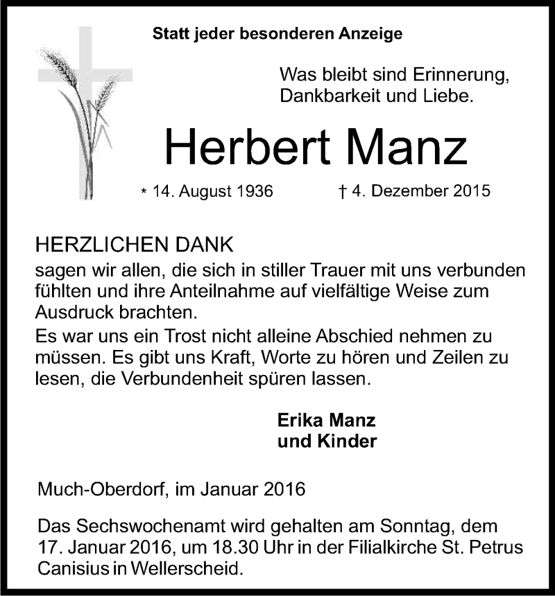 Traueranzeige für Herbert Manz vom 09.01.2016 aus Kölner Stadt-Anzeiger / Kölnische Rundschau / Express