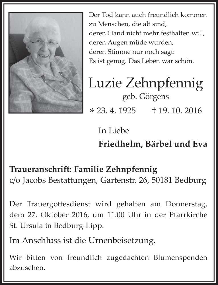  Traueranzeige für Luzie Zehnpfennig vom 26.10.2016 aus  Werbepost 