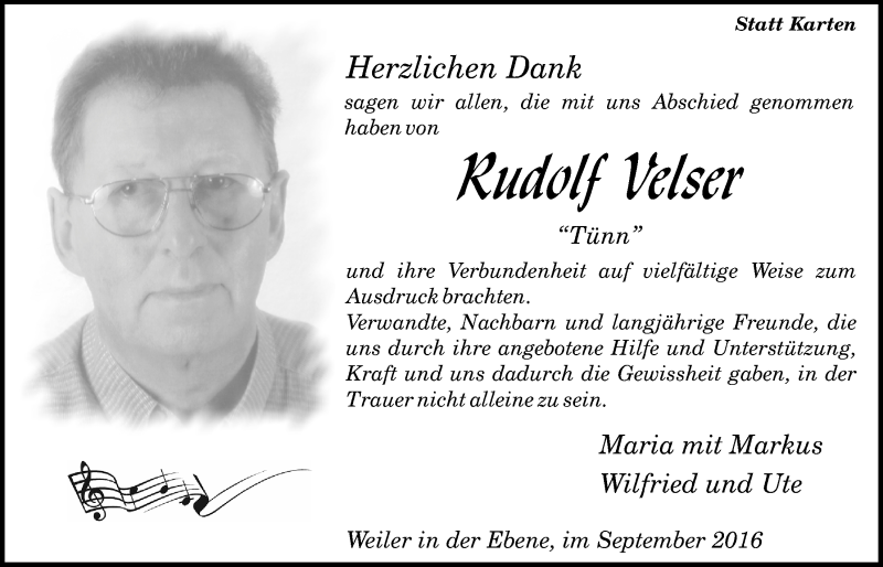  Traueranzeige für Rudolf Velser vom 05.10.2016 aus  Werbepost 
