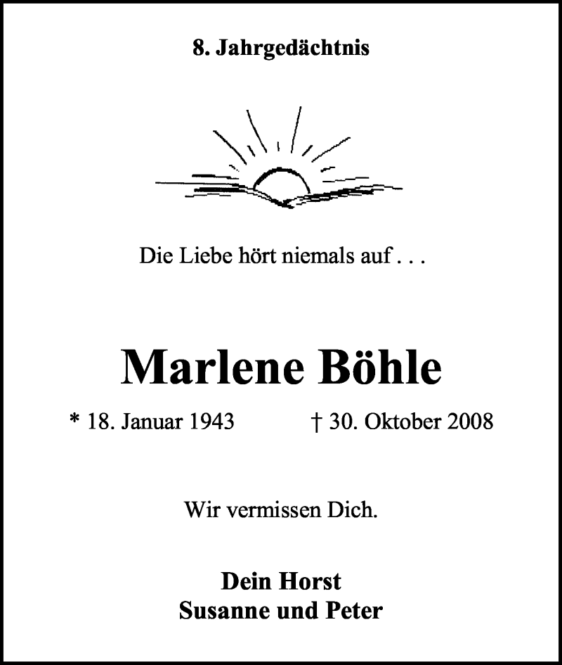  Traueranzeige für Marlene Böhle vom 29.10.2016 aus Kölner Stadt-Anzeiger / Kölnische Rundschau / Express