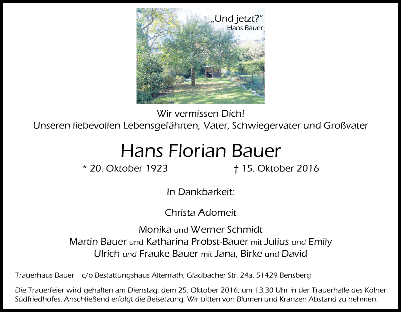  Traueranzeige für Hans Florian Bauer vom 20.10.2016 aus Kölner Stadt-Anzeiger / Kölnische Rundschau / Express
