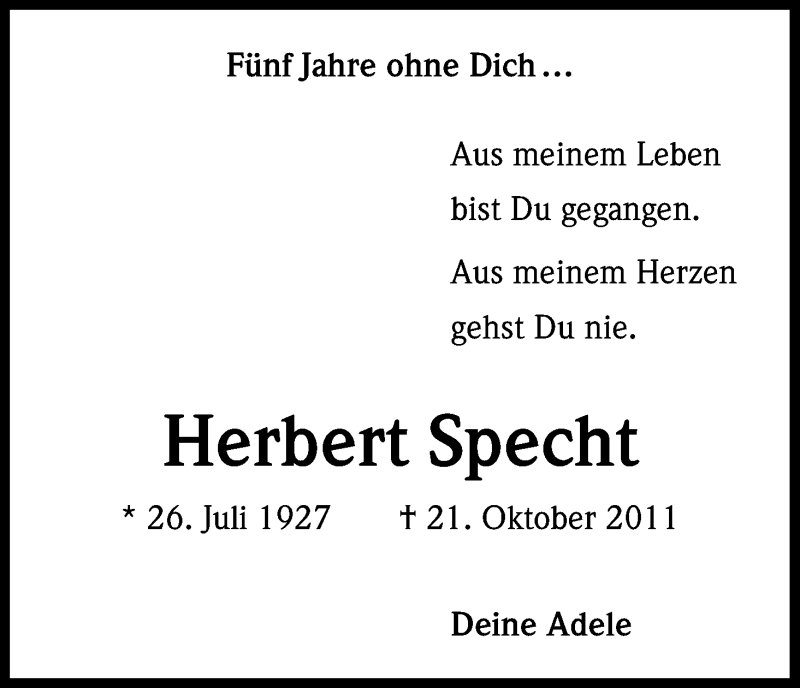  Traueranzeige für Herbert Specht vom 21.10.2016 aus Kölner Stadt-Anzeiger / Kölnische Rundschau / Express