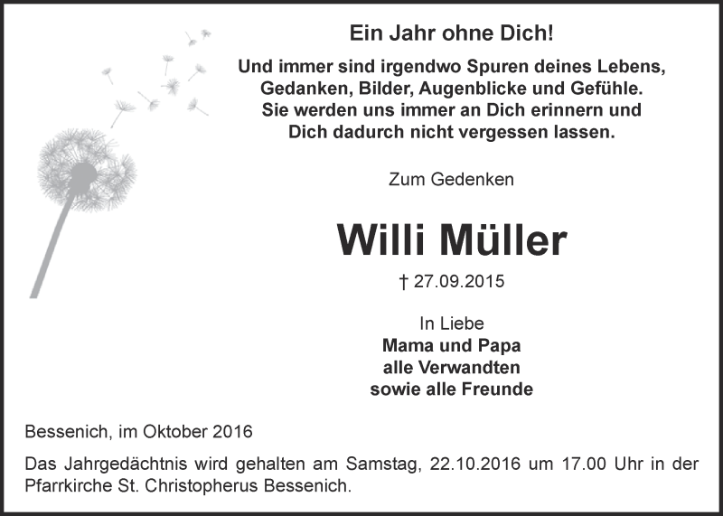  Traueranzeige für Willi Müller vom 15.10.2016 aus  Blickpunkt Euskirchen 