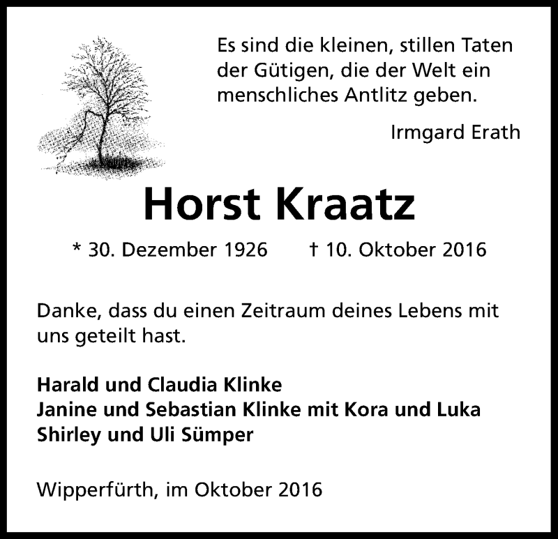  Traueranzeige für Horst Kraatz vom 20.10.2016 aus Kölner Stadt-Anzeiger / Kölnische Rundschau / Express