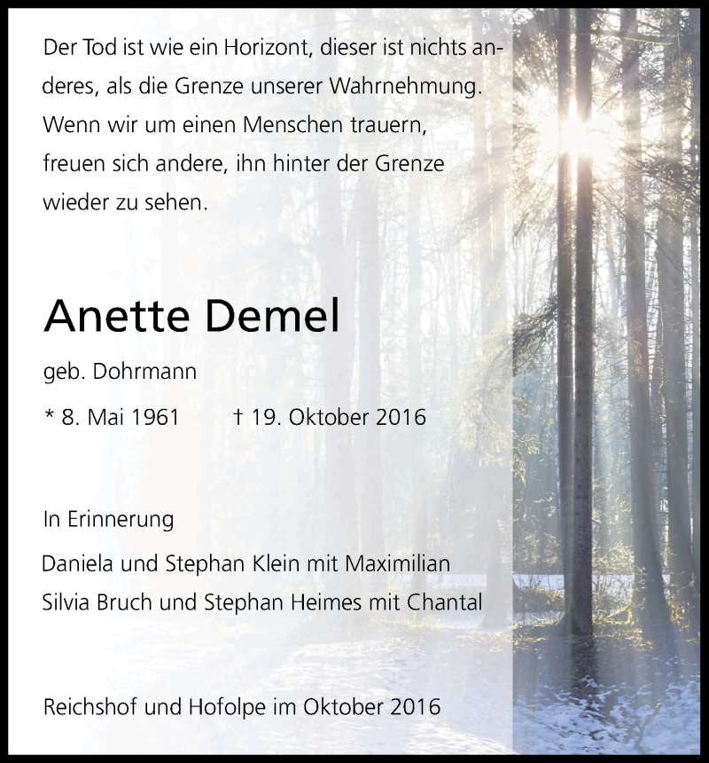  Traueranzeige für Anette Demel vom 26.10.2016 aus Kölner Stadt-Anzeiger / Kölnische Rundschau / Express