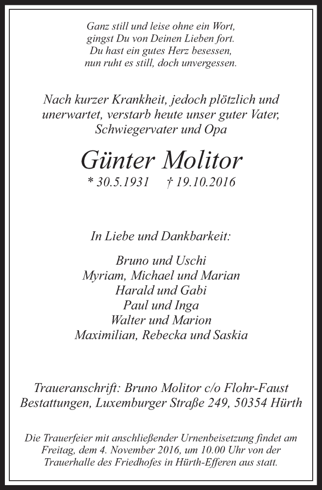  Traueranzeige für Günter Molitor vom 26.10.2016 aus  Wochenende 