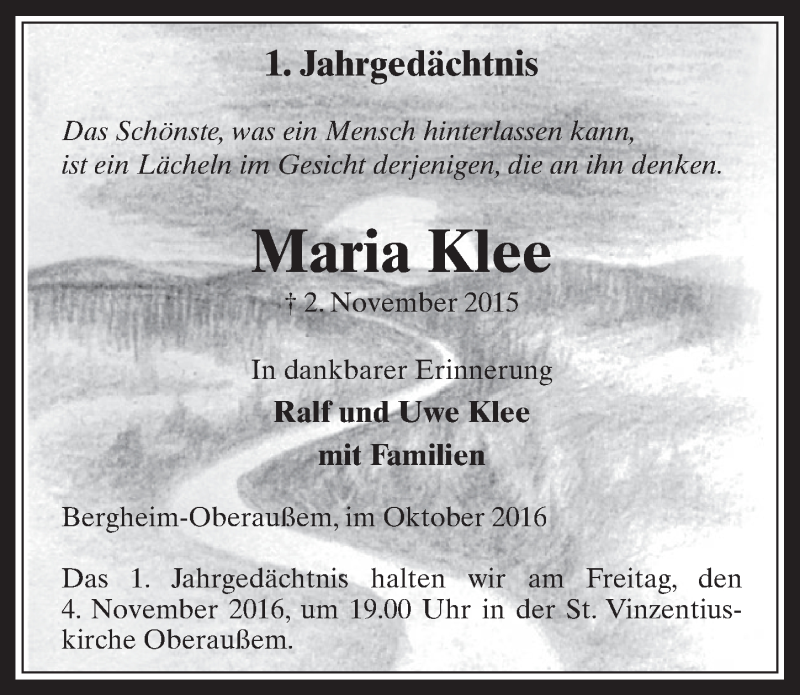  Traueranzeige für Maria Klee vom 26.10.2016 aus  Werbepost 