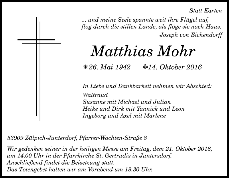  Traueranzeige für Matthias Mohr vom 18.10.2016 aus Kölner Stadt-Anzeiger / Kölnische Rundschau / Express