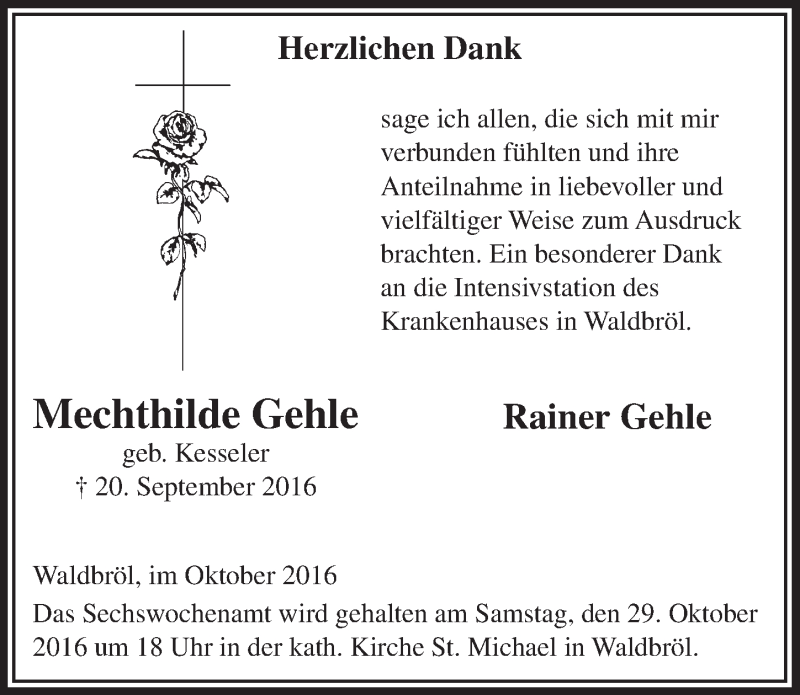  Traueranzeige für Mechthilde Gehle vom 26.10.2016 aus  Lokalanzeiger 