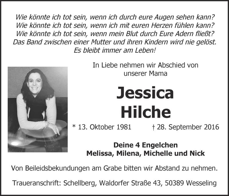  Traueranzeige für Jessica Hilche vom 19.10.2016 aus  Kölner Wochenspiegel 