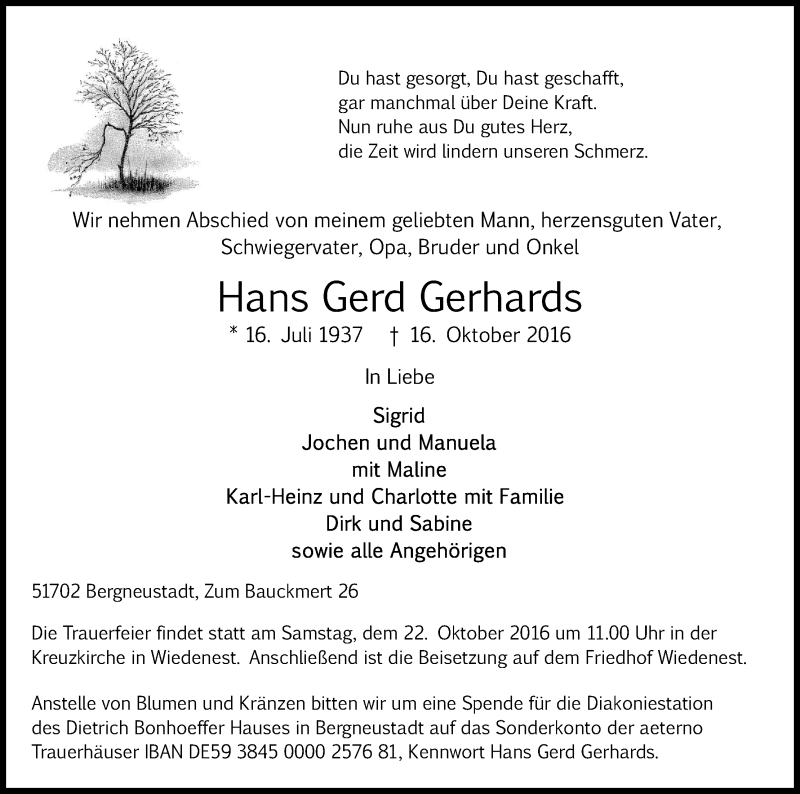  Traueranzeige für Hans Gerd Gerhards vom 20.10.2016 aus Kölner Stadt-Anzeiger / Kölnische Rundschau / Express