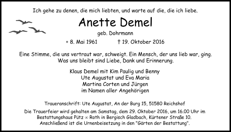  Traueranzeige für Anette Demel vom 26.10.2016 aus  Anzeigen Echo 