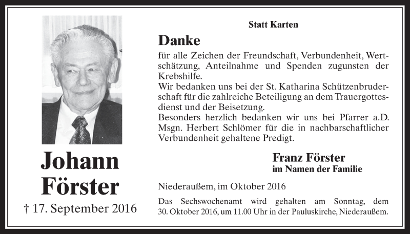  Traueranzeige für Johann Förster vom 26.10.2016 aus  Werbepost 