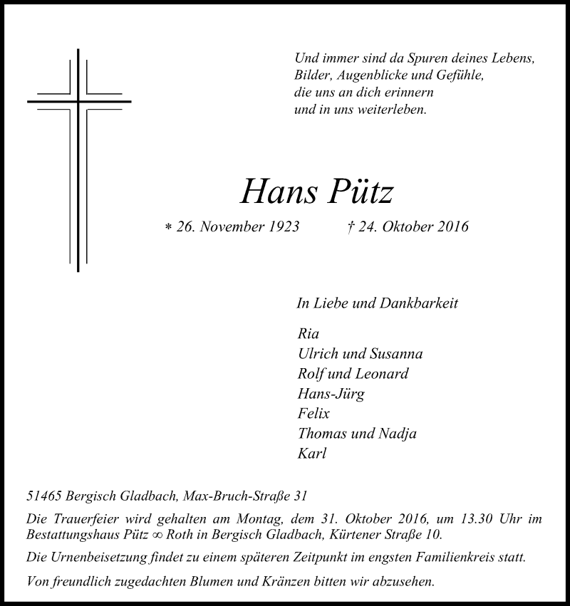  Traueranzeige für Hans Pütz vom 27.10.2016 aus Kölner Stadt-Anzeiger / Kölnische Rundschau / Express