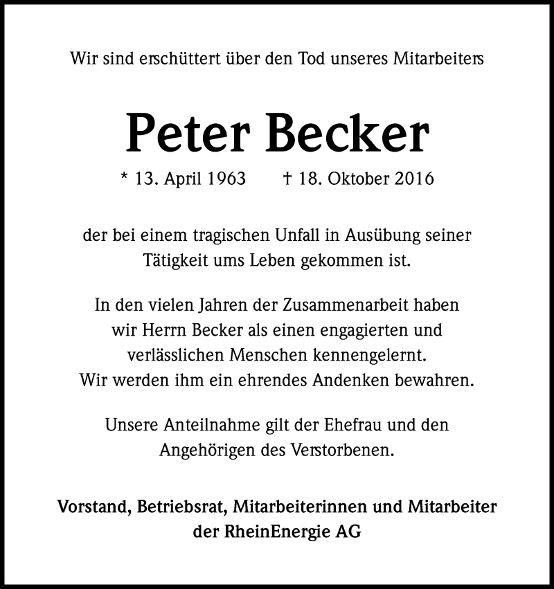 Traueranzeige für Peter Becker vom 22.10.2016 aus Kölner Stadt-Anzeiger / Kölnische Rundschau / Express