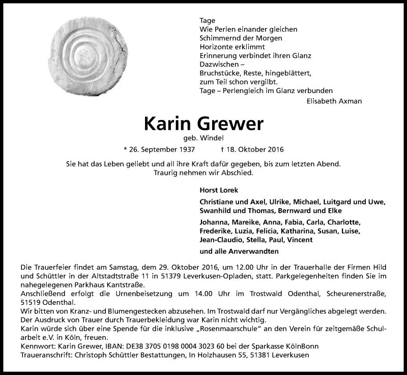  Traueranzeige für Karin Grewer vom 27.10.2016 aus Kölner Stadt-Anzeiger / Kölnische Rundschau / Express
