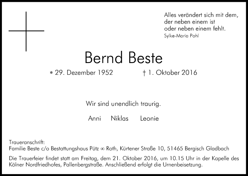 Traueranzeige für Bernd Beste vom 15.10.2016 aus Kölner Stadt-Anzeiger / Kölnische Rundschau / Express