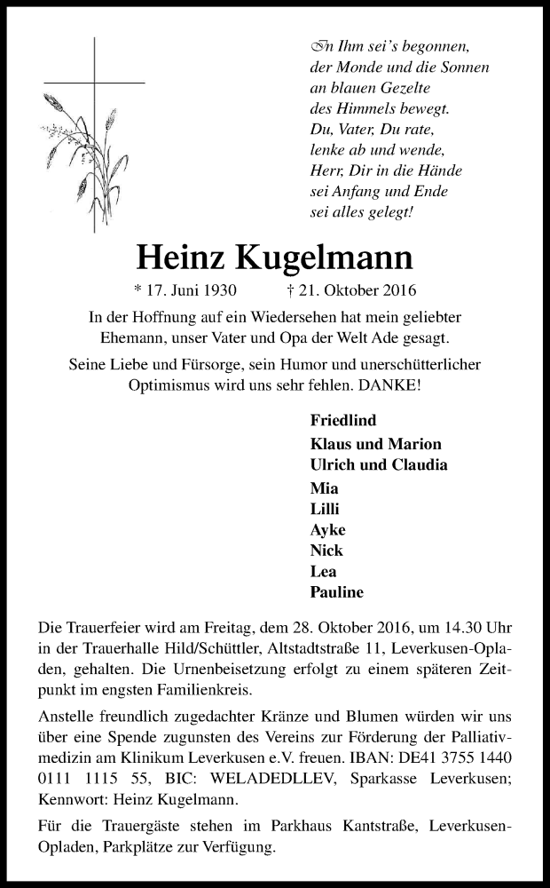  Traueranzeige für Heinz Kugelmann vom 27.10.2016 aus Kölner Stadt-Anzeiger / Kölnische Rundschau / Express