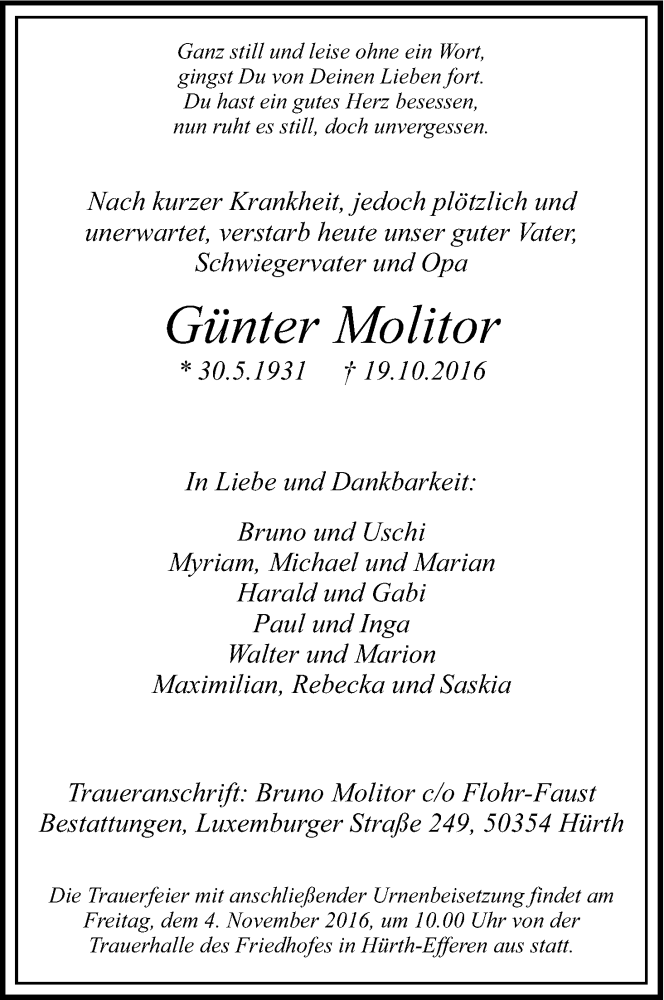  Traueranzeige für Günter Molitor vom 29.10.2016 aus Kölner Stadt-Anzeiger / Kölnische Rundschau / Express