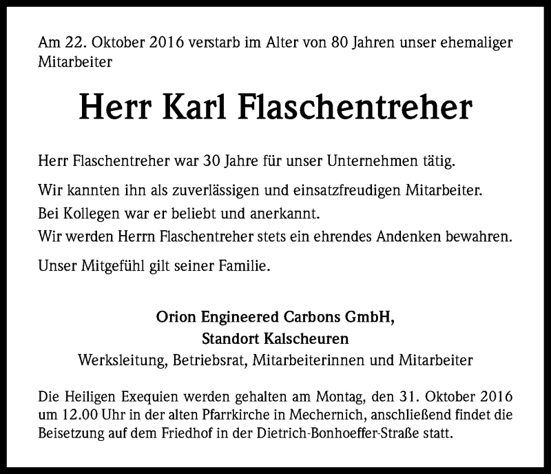  Traueranzeige für Karl Flaschentreher vom 27.10.2016 aus Kölner Stadt-Anzeiger / Kölnische Rundschau / Express