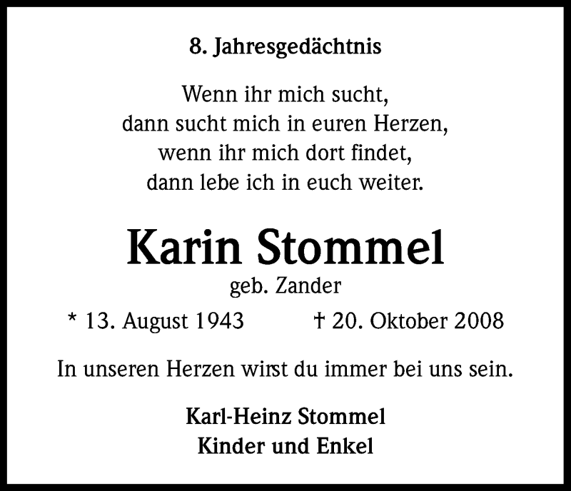  Traueranzeige für Karin Stommel vom 20.10.2016 aus Kölner Stadt-Anzeiger / Kölnische Rundschau / Express