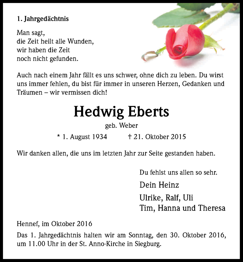  Traueranzeige für Hedwig Eberts vom 21.10.2016 aus Kölner Stadt-Anzeiger / Kölnische Rundschau / Express